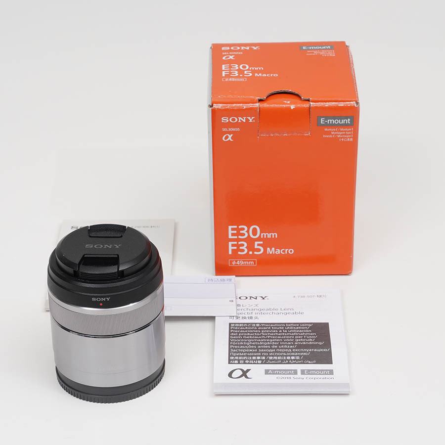 SONY SEL30M35 E 30mm/f3.5 Macro マクロ レンズキャップ、レンズフード、箱、説明書、保証書、ソニー純正_画像1