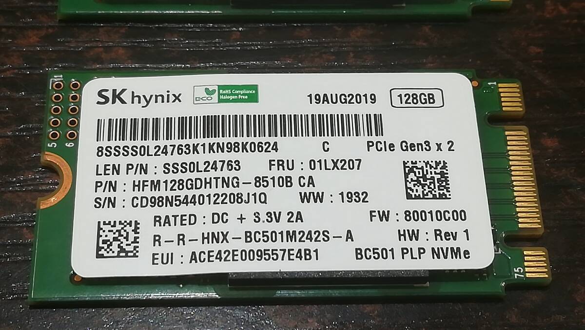 【動作品/2枚セット♪】SK hynix NVMe M.2 SSD 128GB×2枚 PCIe Gen3x2 HFM128GDHTNG-8510B_画像2