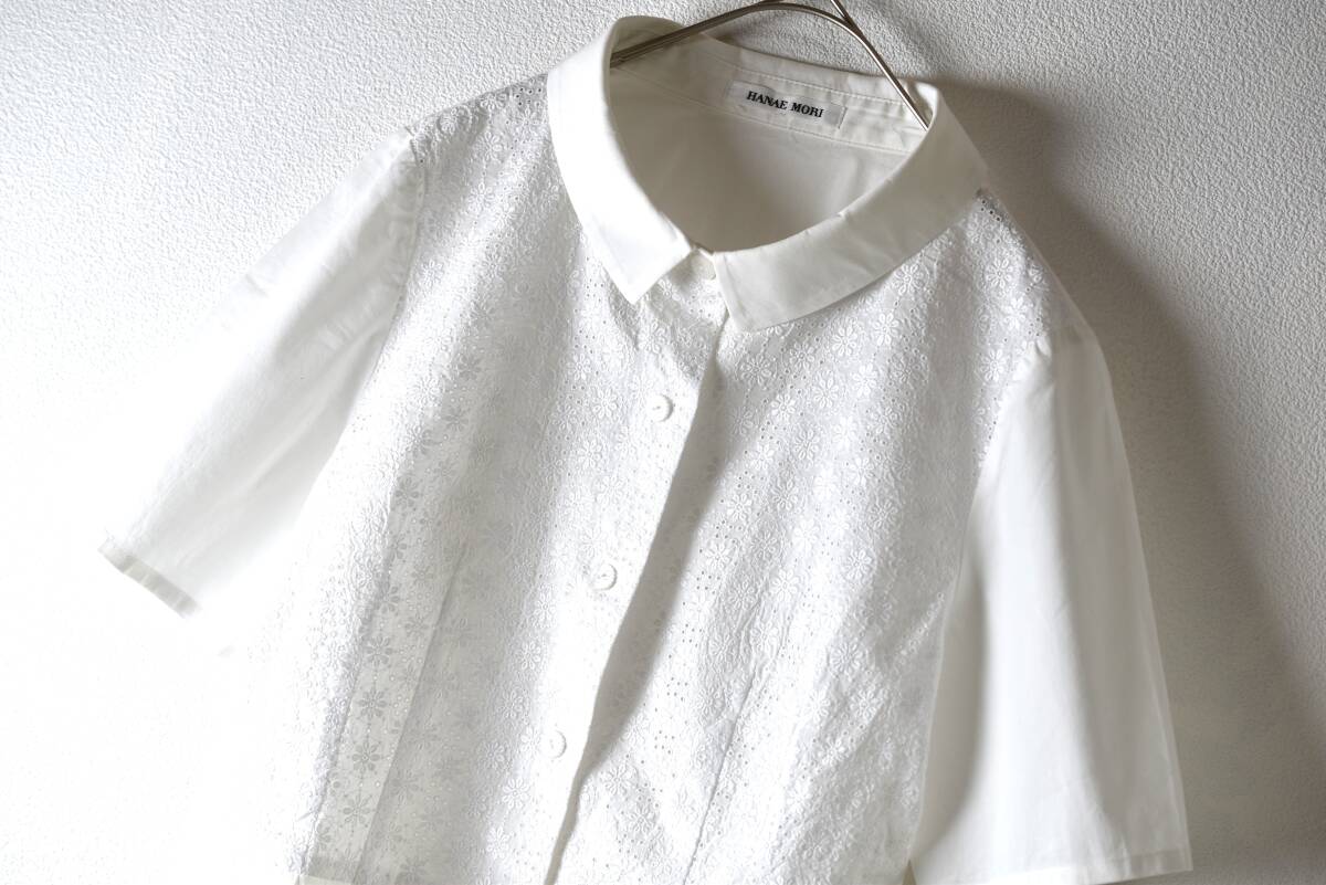 ハナエモリ HANAEMORI 半袖レース付きオーバーブラウスシャツ サイズ38 白色_画像6