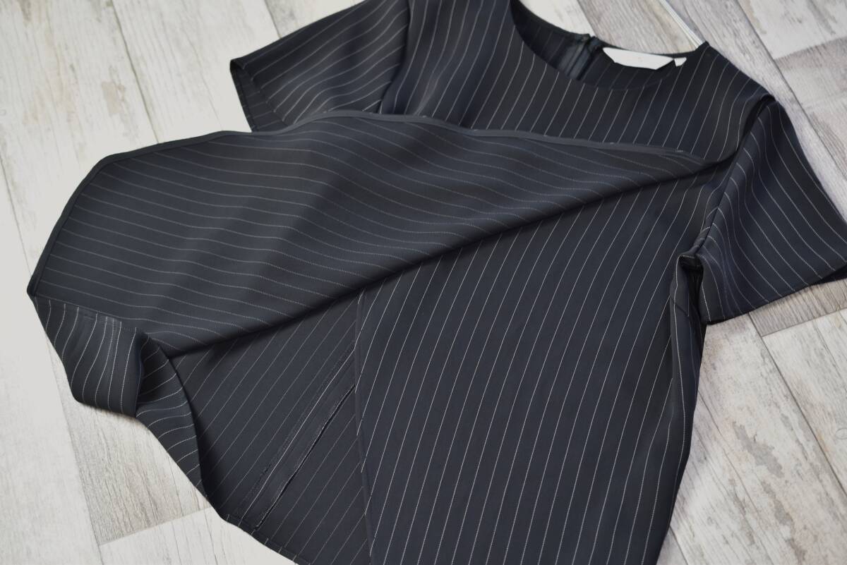 メーカーズシャツ鎌倉 半袖とろみストライプ柄プルオーバーブラウス サイズ11 黒色_画像5