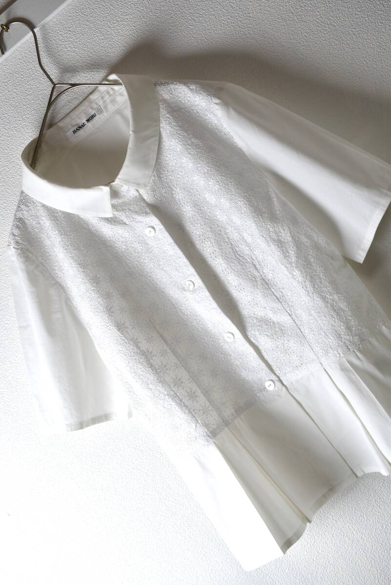 ハナエモリ HANAEMORI 半袖レース付きオーバーブラウスシャツ サイズ38 白色_画像5