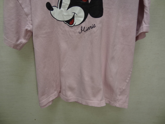 全国送料無料 ミニーマウス ディズニー レディース 綿100% プリント 半袖 薄いピンク色 丈の短いオーバーサイズTシャツ Lサイズ_画像5