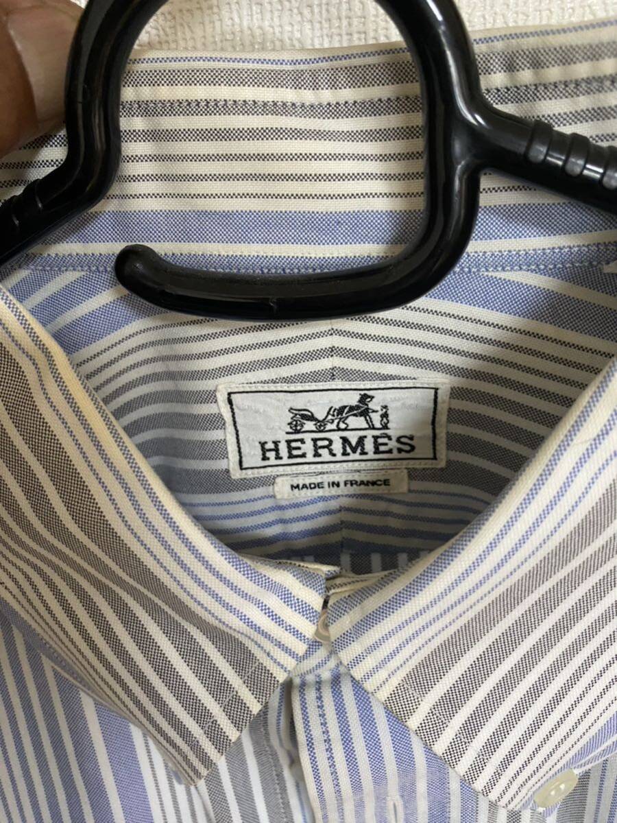 エルメス長袖シャツ 表記42/16 実寸サイズはXLの大きめ位あります。白/青/グレー ストライプ
