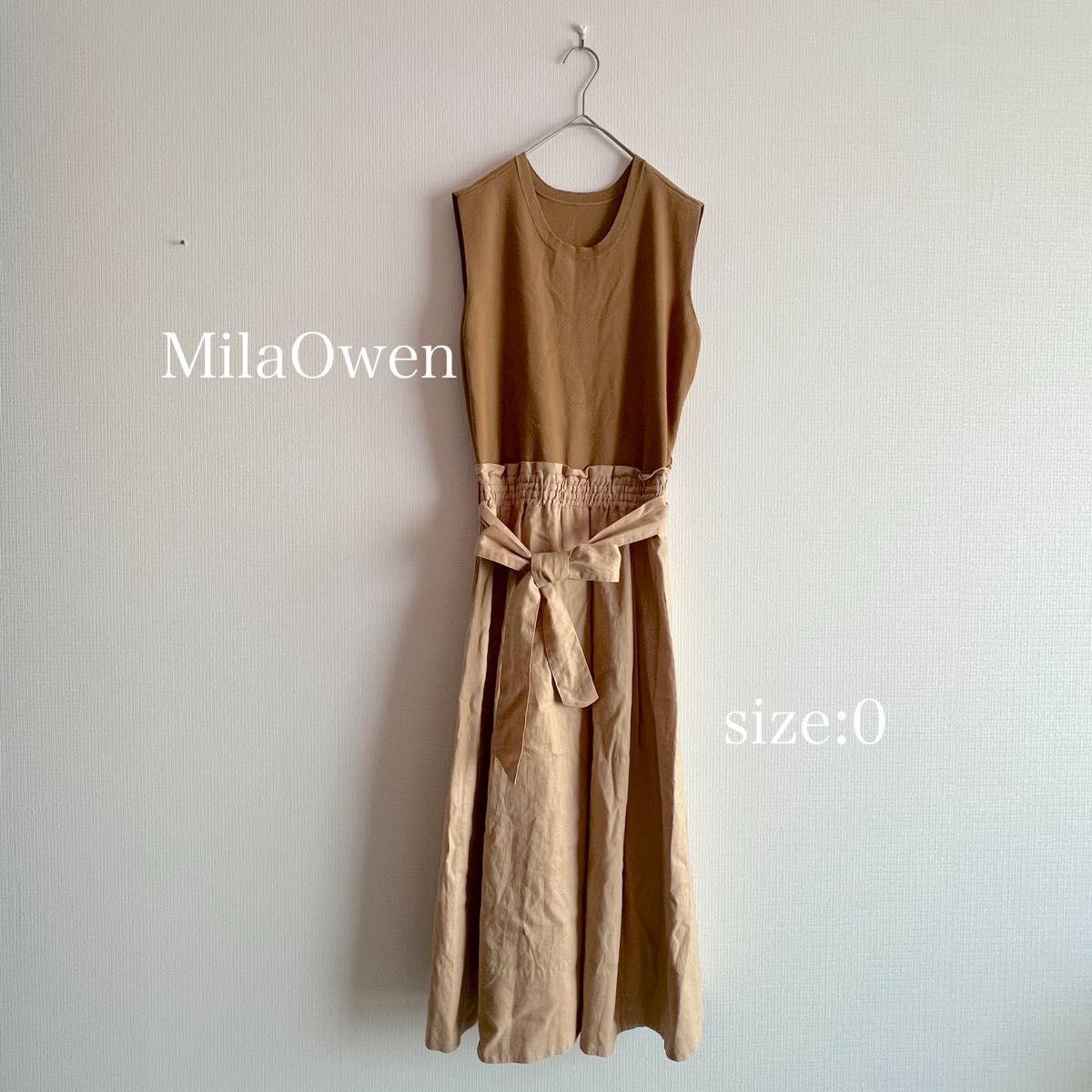 MilaOwen ミラオーエン ノースリーブワンピース ニットドッキングワンピース ウエストリボンワンピース リネンブレンド素材