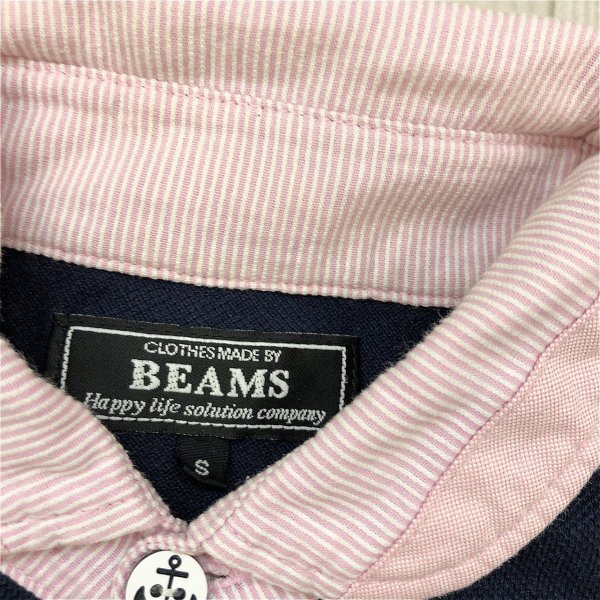 BEAMS ビームス メンズ 襟ストライプ クレリック 鹿の子 半袖ポロシャツ S 紺_画像2