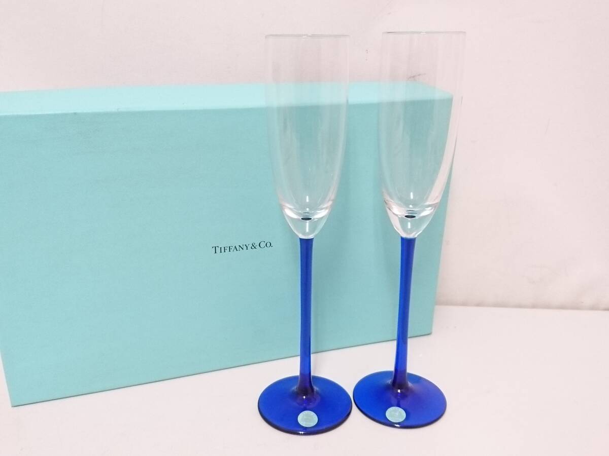 【新品】Tiffany & Co ティファニー シャンパングラス 2客セット/フルートグラス/ペアグラス/直径約4.7cm×高さ約25cm/箱付き/01KO051301-8_画像1