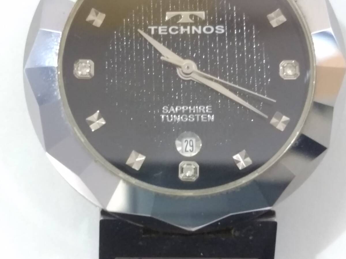 【美品】TECHNOS テクノス TEM536 クォーツ腕時計/作動中/デイト/タングステン×SS サファイアクリスタル/ブラック文字盤/02SH051402_画像3