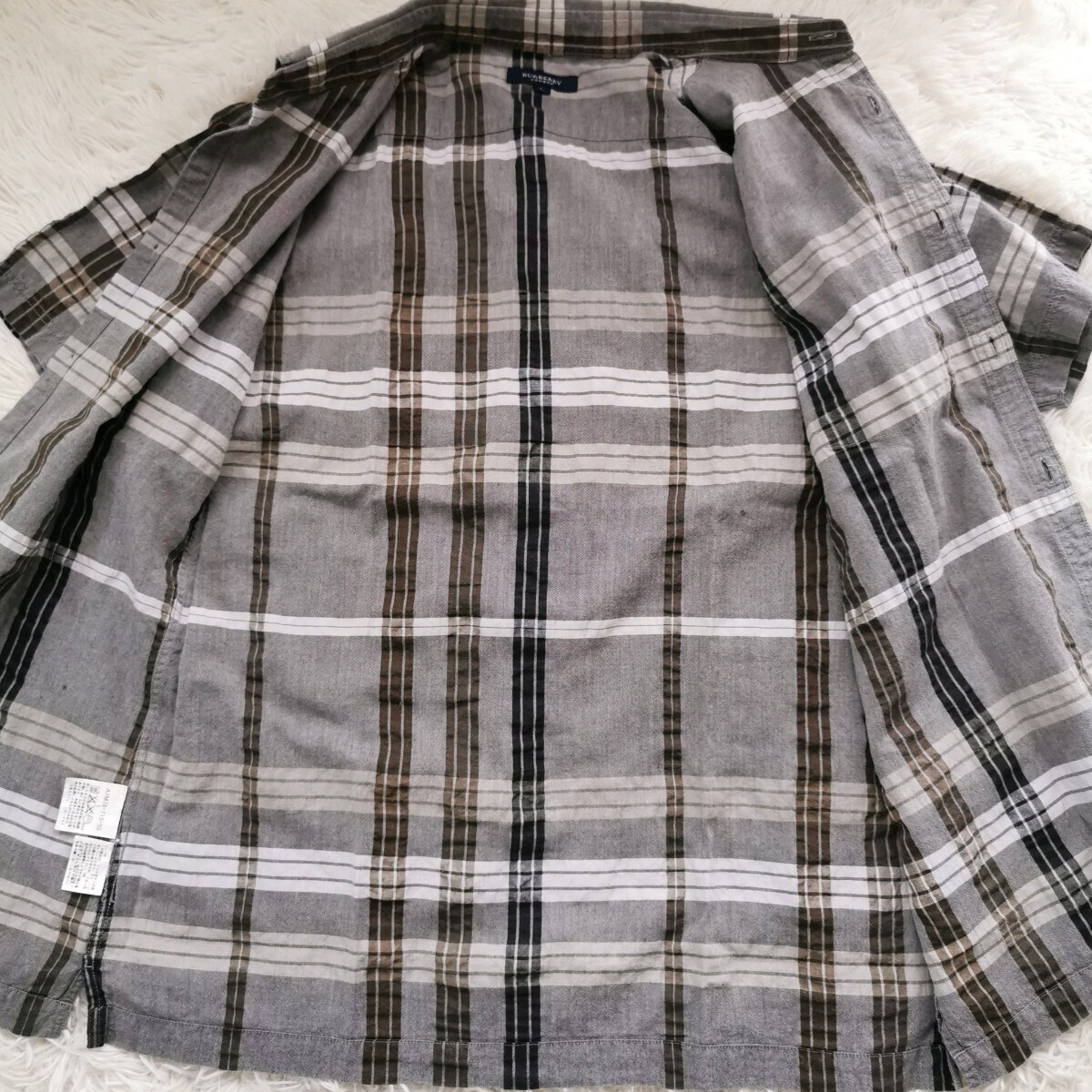 [ beautiful goods ]BURBERRY LONDON Burberry London short sleeves shirt linen.noba check cotton cotton flax L large size men's gray 