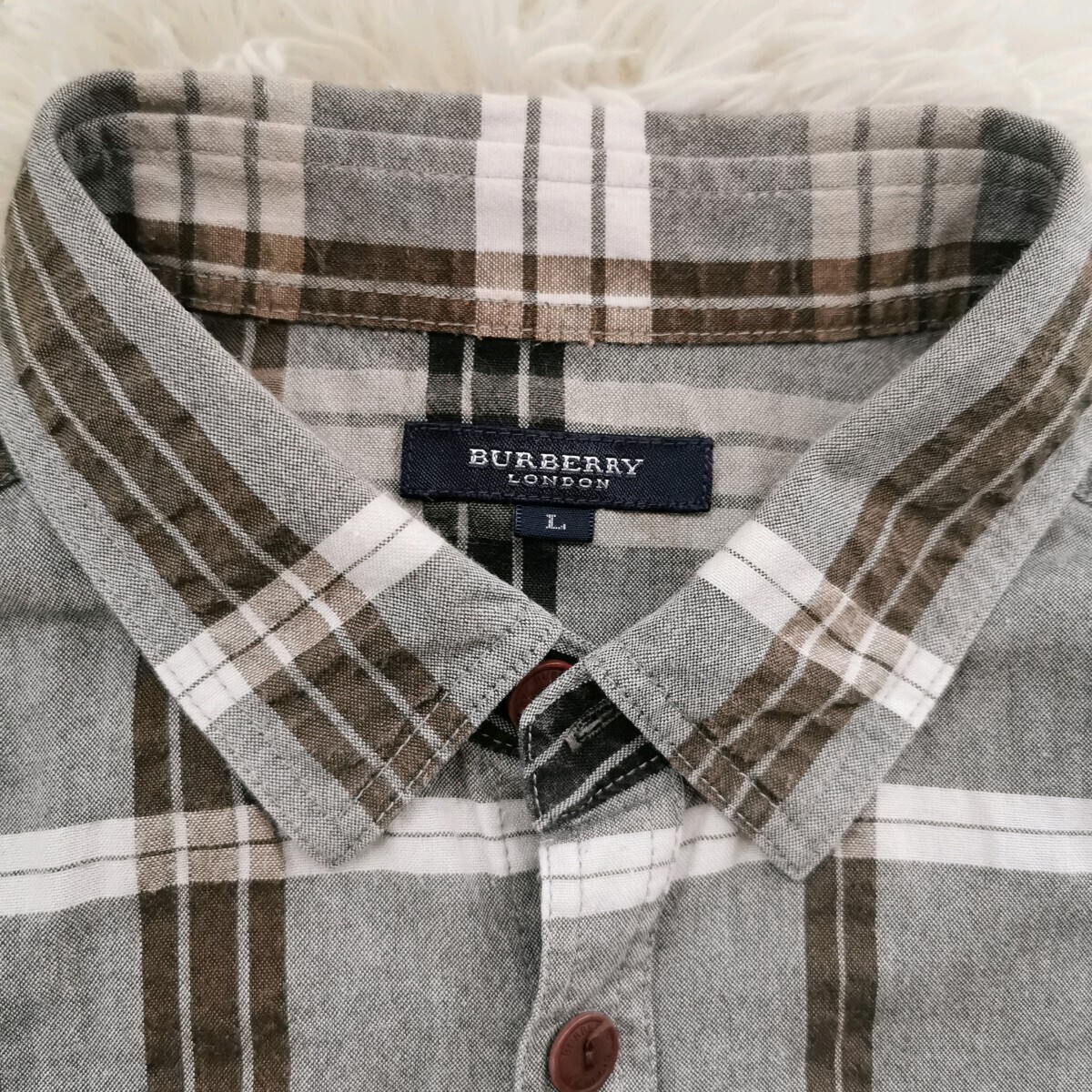 [ beautiful goods ]BURBERRY LONDON Burberry London short sleeves shirt linen.noba check cotton cotton flax L large size men's gray 