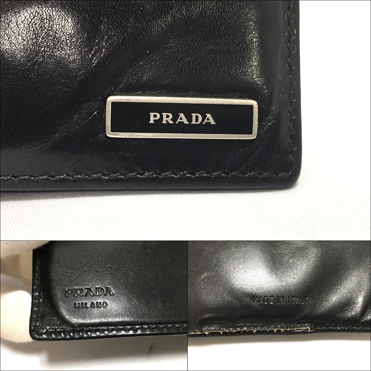 訳あり ジャンク品　PRADA　プラダ　2つ折り 財布　レザー　ブラック　箱 ・ ギャランティ 付き_画像10