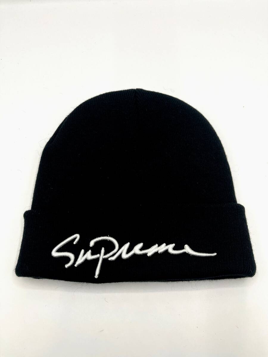 【美品】Supreme シュプリーム　Classic Script Beanie ビーニー　ニット帽　ブラック　黒　刺繍　W22　H20_画像1