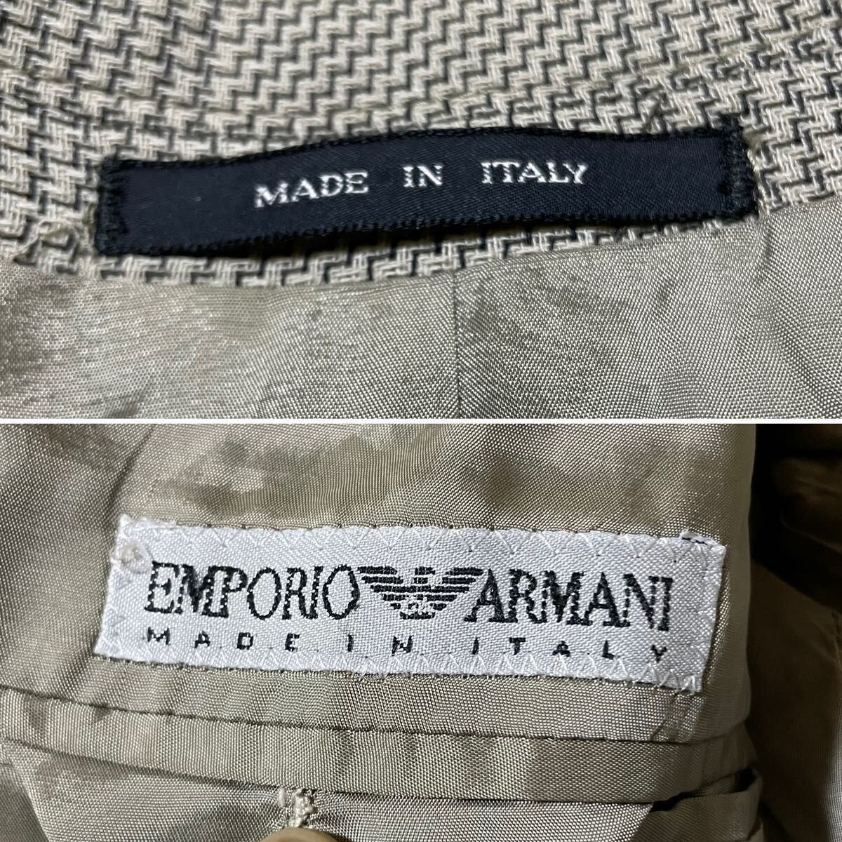 ☆美品☆Lサイズ☆ EMPORIO ARMANI テーラードジャケット 総柄 チェック 幾何学柄 2B サイズ48 ベージュ ウール エンポリオアルマーニ_画像9