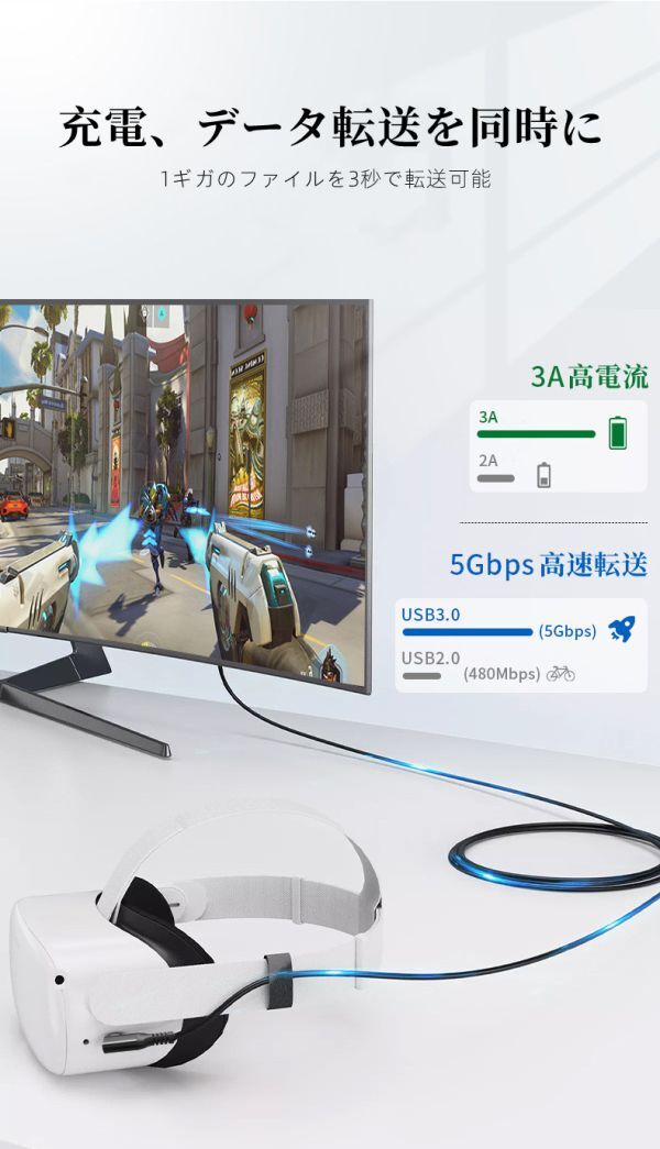 高速データ転送ケーブル USB3.2 2本セットgen1 VR Link Type C 5Gbps 60W USBtoC 充電ケーブル L字 映像出力 Oculus quest1/2 高耐久 3M_画像6