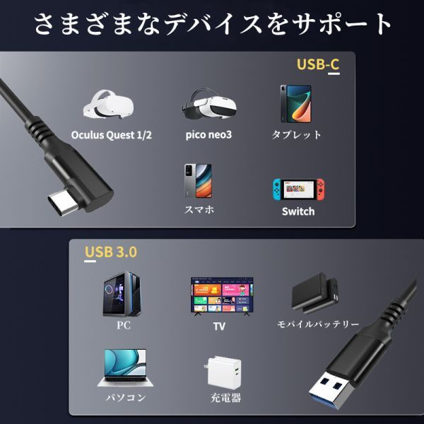 高速データ転送ケーブル USB3.2 2本セットgen1 VR Link Type C 5Gbps 60W USBtoC 充電ケーブル L字 映像出力 Oculus quest1/2 高耐久 3M_画像3