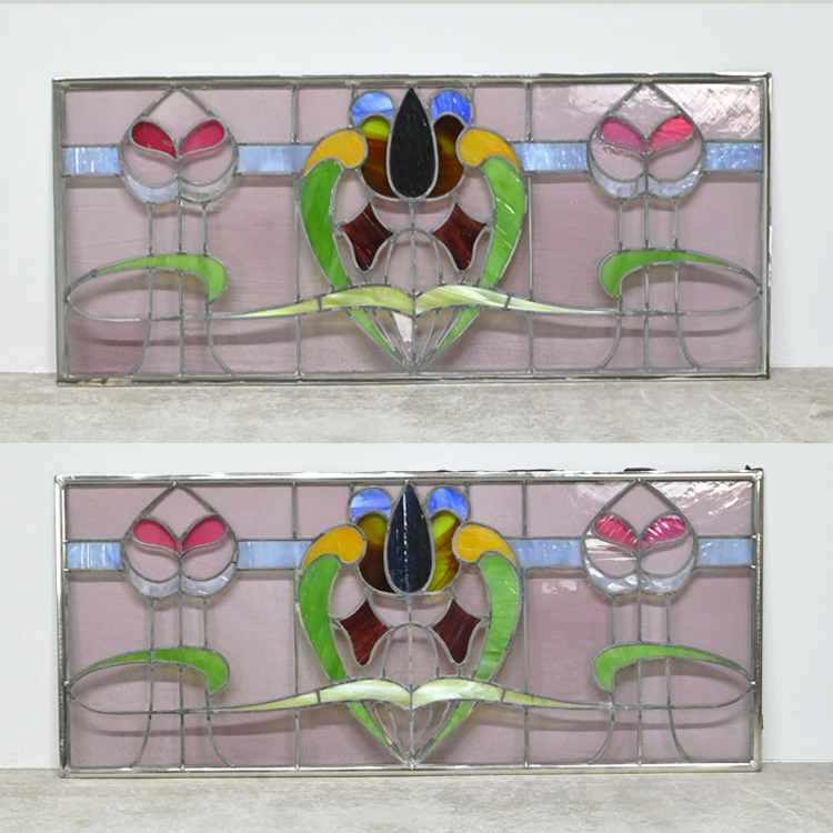 アンティーク 植物モチーフ 横長 ステンドグラス 2枚セット/壁掛け 建具 店舗什器 ガラス 作家物 アールヌーヴォー ピンク イギリス 