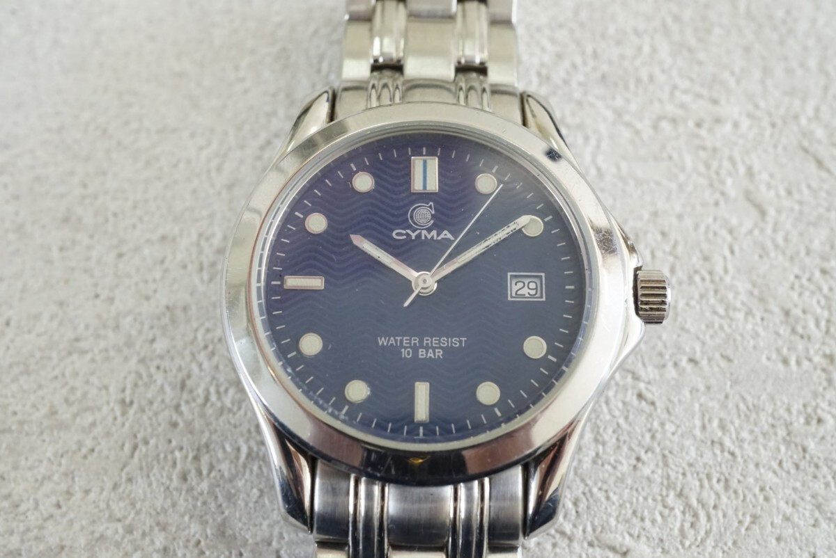 F1128 CYMA/ Cima blue face calendar men's wristwatch brand accessory quartz Vintage Switzerland SWISS clock immovable goods 