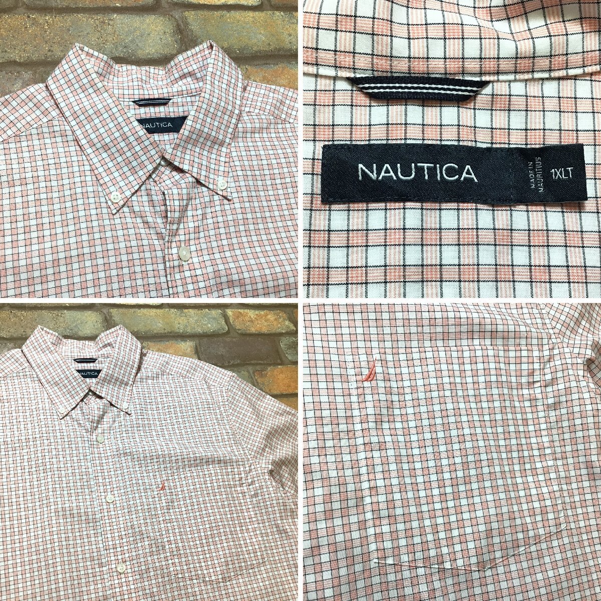 ME11-296★USA買付商品★状態良好【NAUTICA ノーティカ】ピンク系チェク 半袖シャツ【メンズ XL】刺繍ロゴ BDシャツ 大きいサイズ_画像5