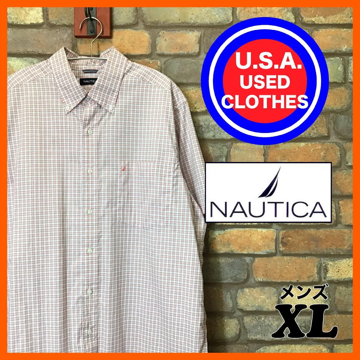 ME11-296★USA買付商品★状態良好【NAUTICA ノーティカ】ピンク系チェク 半袖シャツ【メンズ XL】刺繍ロゴ BDシャツ 大きいサイズ_画像1