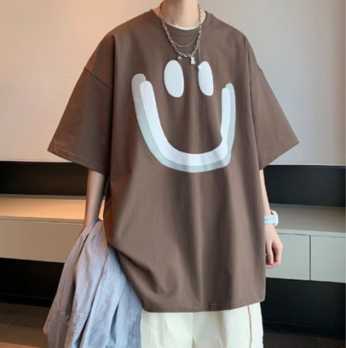 ニコちゃん ビッグプリント Tシャツ 韓国 メンズ ブラウン