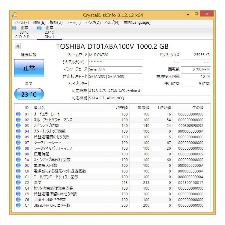 TOSHIBA DT01ABA100V 1TB 3.5インチ HDD AVコマンド対応 O03