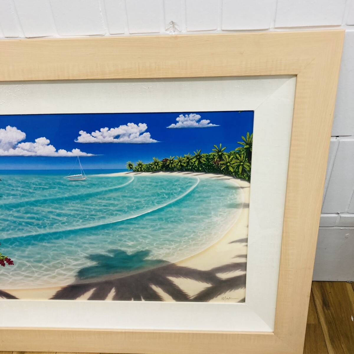 【OP-7.6SA】1円～ 模写 絵画 海 浜辺 熱帯 平和 静けさ 風景 輝く水 自然 植物 鮮やかな色 興奮 波 雲 イルカ ヤシの木 影 青空 美術品 絵の画像5