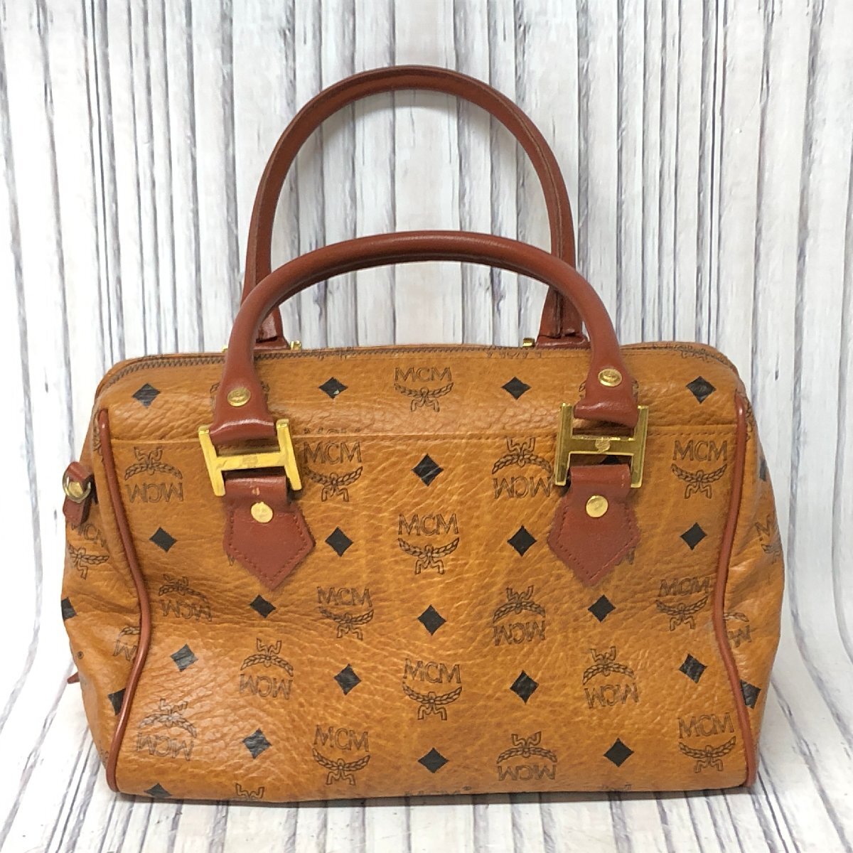 m001 F(80) MCM 2way Mini Boston shoulder with strap Visee tos Logo gram handbag leather Camel M si- M myumhen