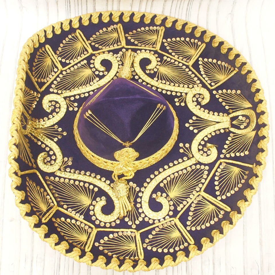 f002 H0meki deer n hat hat son blur ro Mexico folkcraft goods velour cloth spangled equipment ornament purple × gold group diameter approximately 60cm present condition goods 