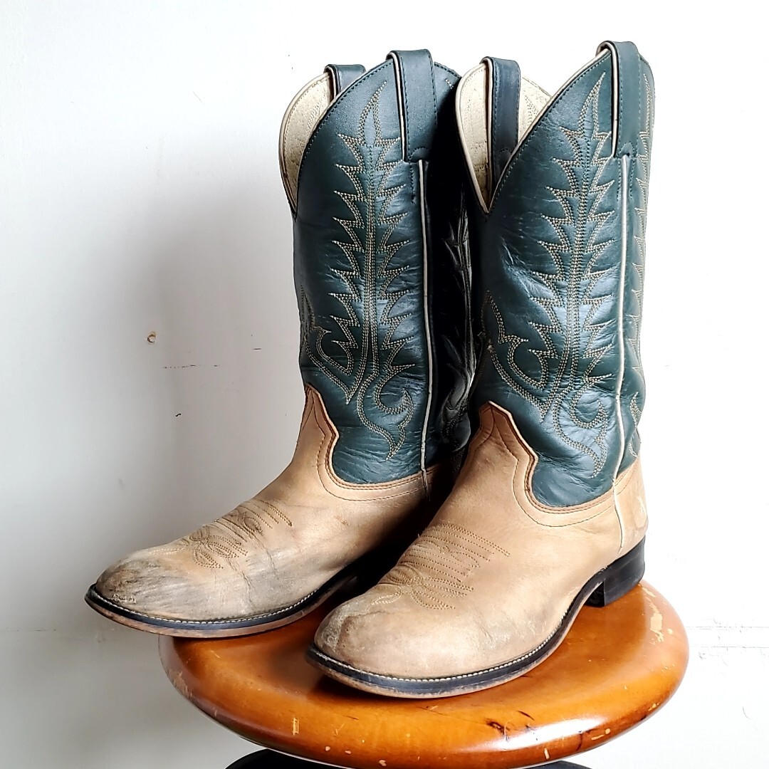 306* Tony Lama Tony Lama western boots 4 1/2D Y4321 beige × green group embroidery switch lady's used USED american 