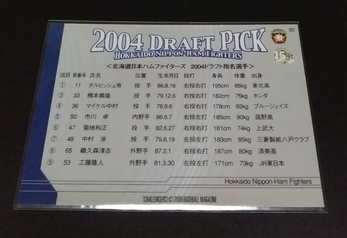 2005年BBM CHALLENGERS ダルビッシュ有(日本ハム)ルーキー。2004 DRAFT PICK！ No,30。_画像2