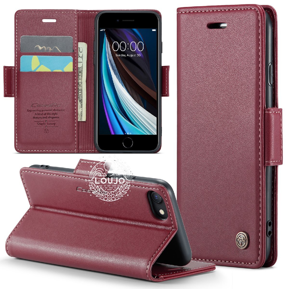 カード収納 iphone SE3／SE2／8／7／6 レッド レザーケース 手帳型 ケース RFID防止盗難 カバー_画像5