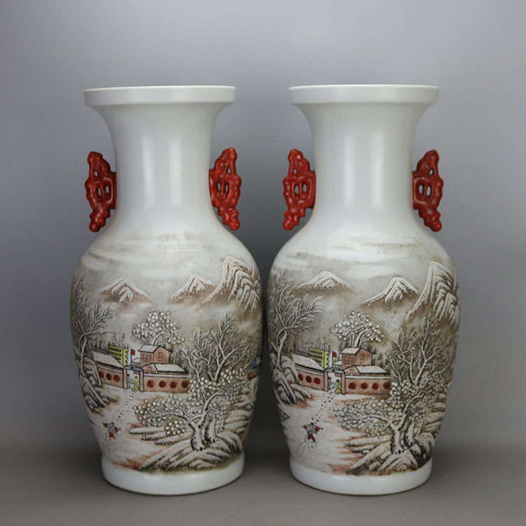 清時代粉彩雪景瑞雪豐年雙耳大花瓶極少品一対| www.bauen.com.ar