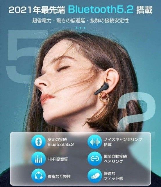 Bluetooth5.2 ワイヤレスイヤホン Hi-Fi音質  イヤホン 瞬間自動接続 ノイズキャンセリング(ブラック)