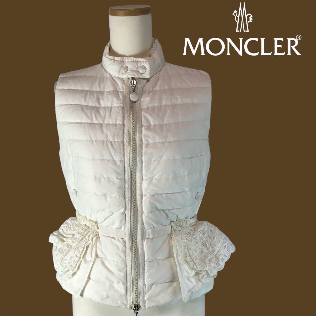 ★ h103 正規品 レア MONCLER モンクレール ダウンベスト 0 コットンレースフリル ジレ VALENSOLE ナイロン レディース ホワイトの画像1