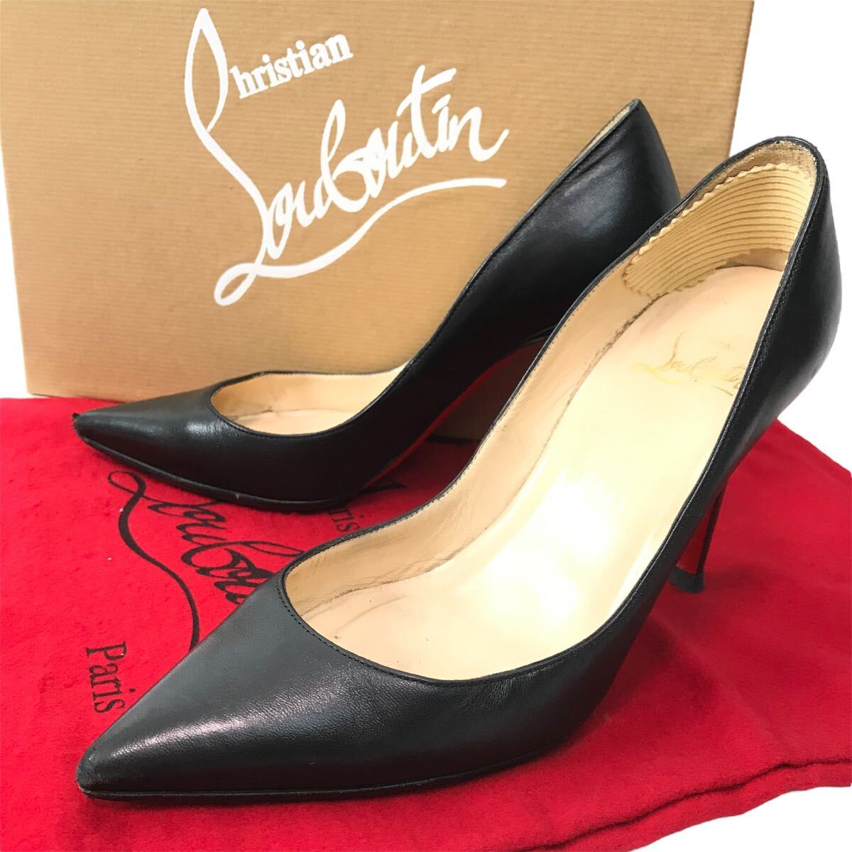 k21 Christian Louboutin クリスチャン ルブタン レザー パンプス ハイヒール BLACK 34 イタリア製 フォーマル ビジネス ピンヒール 正規品_画像1