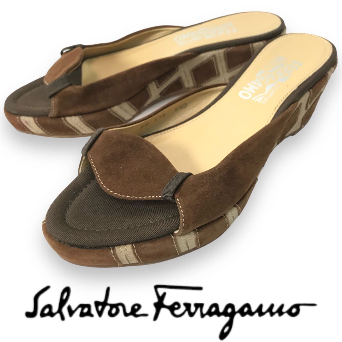 k50 希少デザイン SANNY 未使用 定価5.8万円 Salvatore Ferragamo サルヴァトーレフェラガモ ミュール サンダル スエードレザー 6.5 正規_画像1