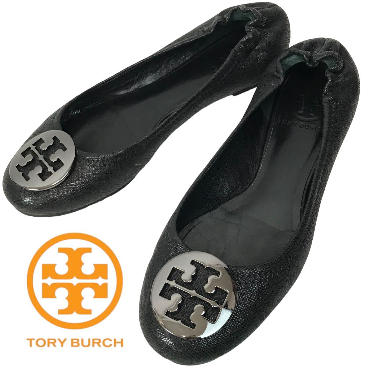 k51 TORY BURCH トリーバーチ フラットシューズ バレエシューズ パンプス レザー ブラック 6.5M 正規品 ローファー レディース_画像1