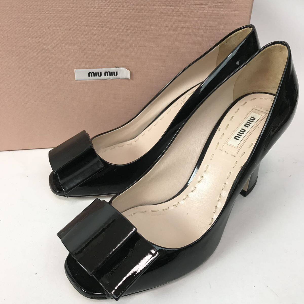 k115 miumiu MiuMiu enamel pumps open tu high heel ribbon pa tent leather black 37.5 regular goods formal sandals 