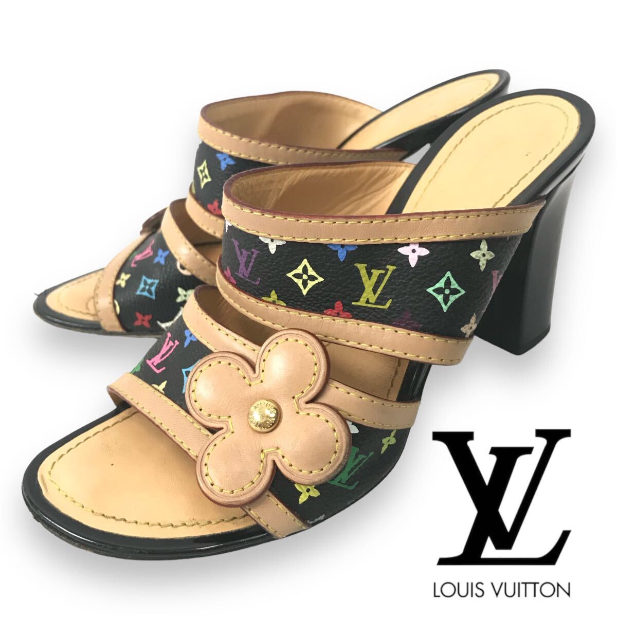 k131 良品 LOUIS VUITTON ルイヴィトン モノグラム マルチカラー ミュール レザー サンダル フラワー ブラック 35.5 イタリア製 正規品_画像10