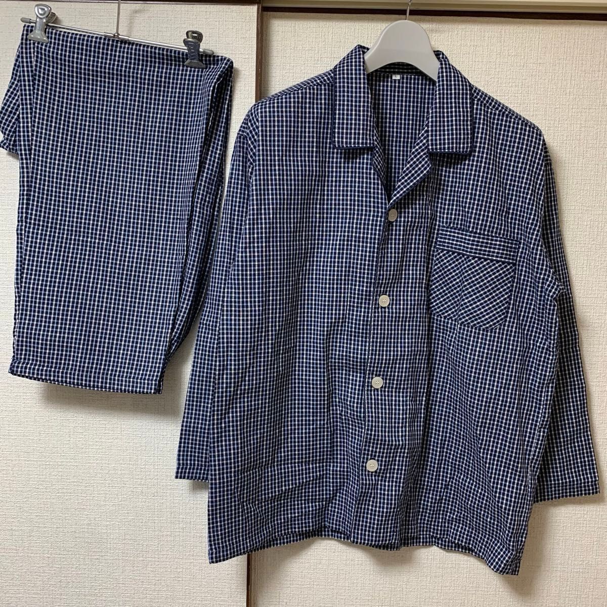 美品 上下セット メンズ 紳士服 パジャマ ルームウェア 関西ファッション連合 Lサイズ ボタン オープンカラー 長袖 長ズボン