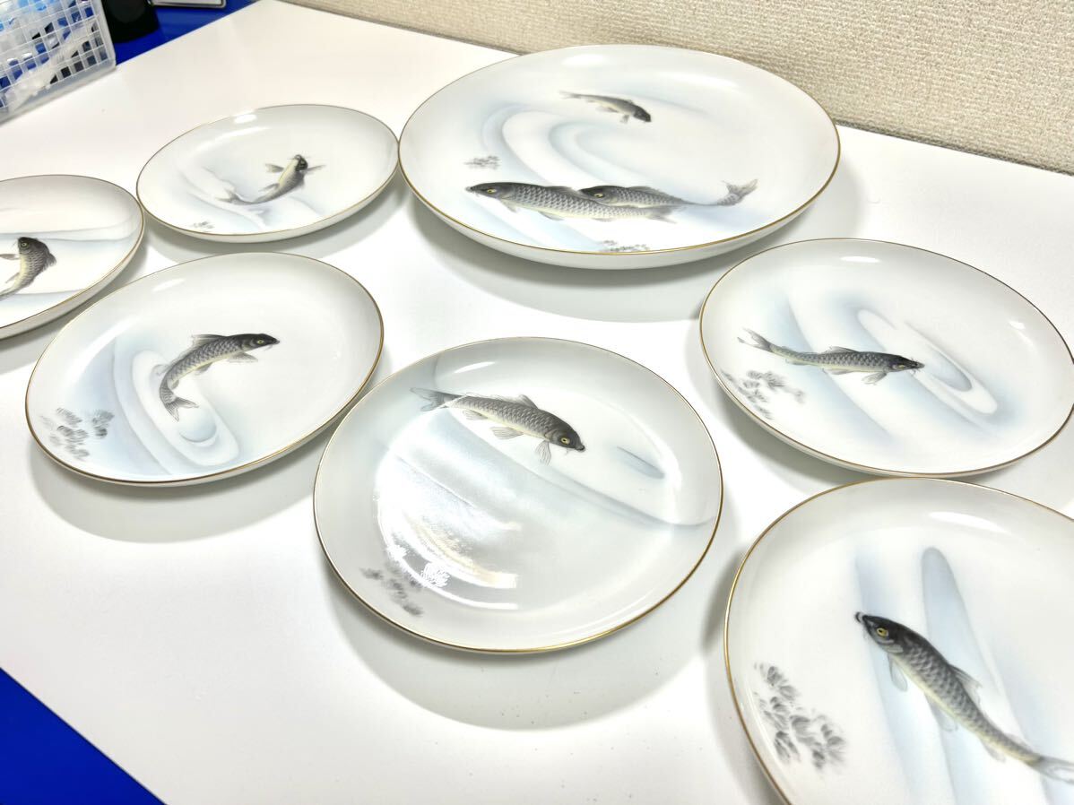  Japan ceramics company Old Noritake yajiro beige seal retro water thing set plate ceramics decoration plate 7 pieces set common carp colored carp .. thing Taisho Showa era the first period [ secondhand goods ]