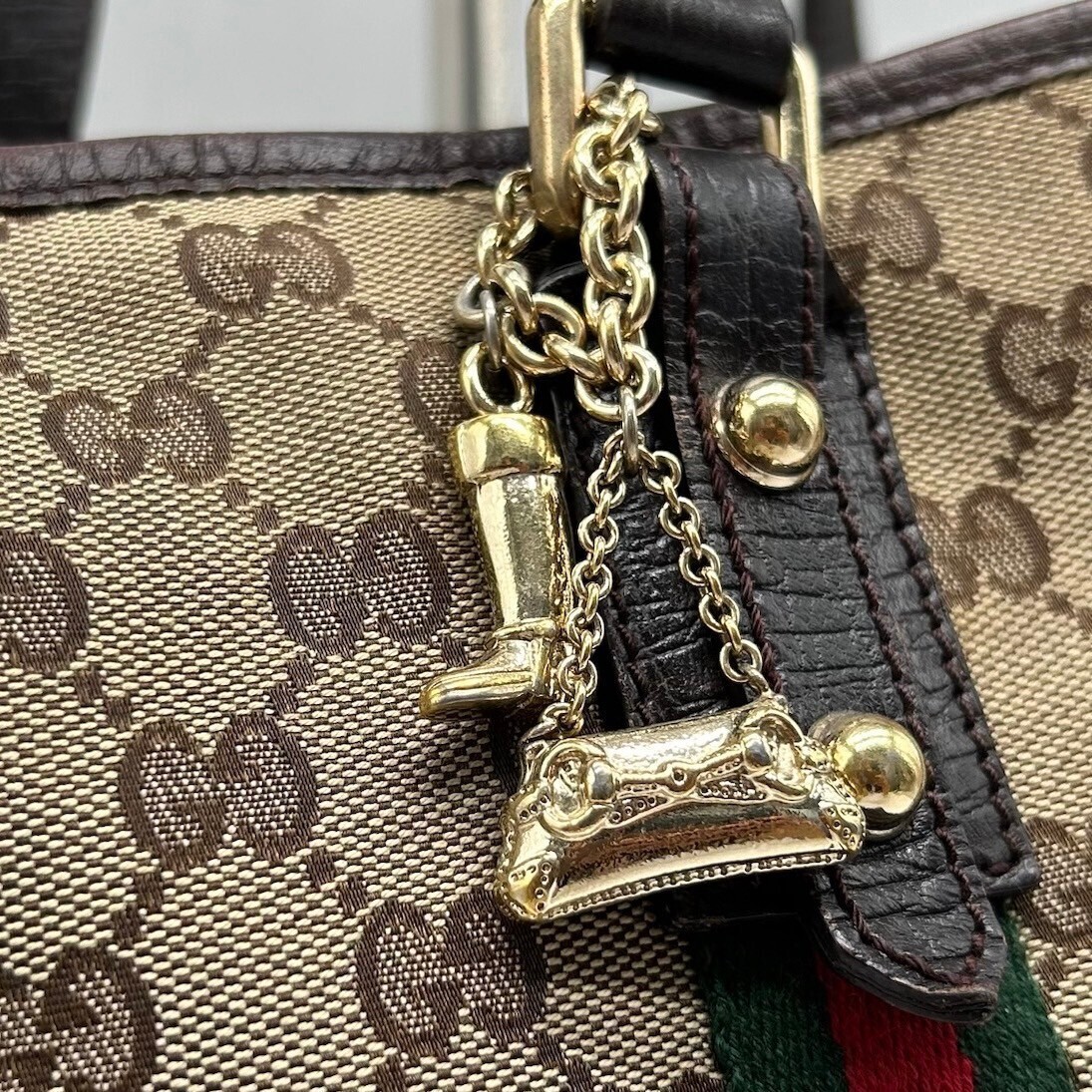 美品◆大人気品 グッチ GUCCI ミニトートバッグ ハンドバッグ GG柄 キャンバス シェリーライン チャーム 本革 レザー 肩掛け レディース 鞄_画像7