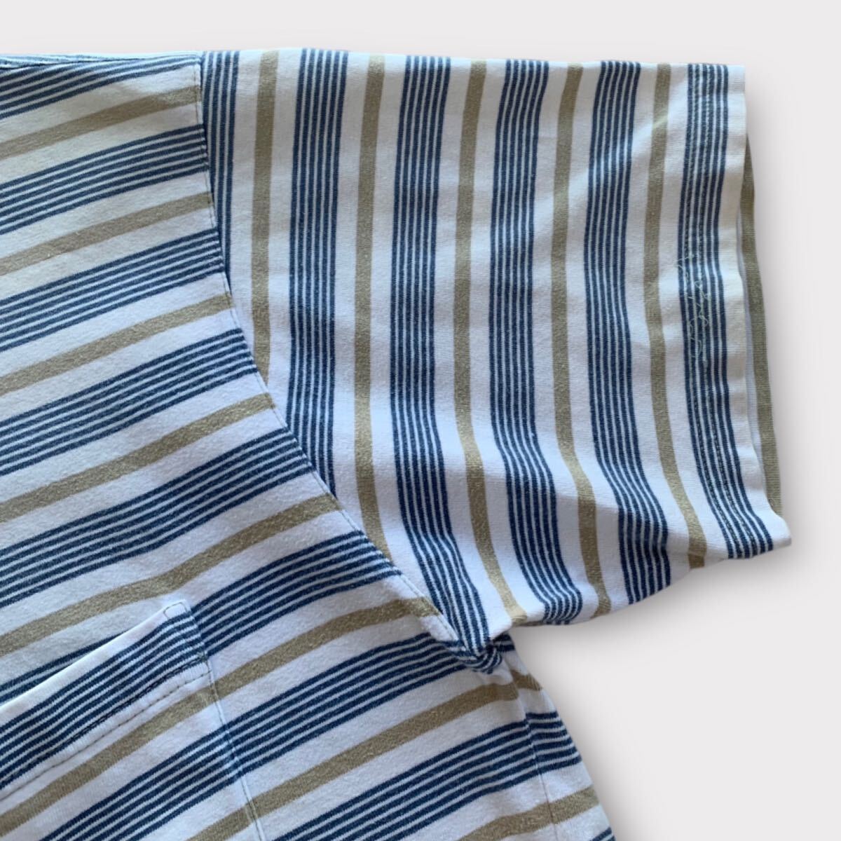 80's 90's BANANA REPUBLIC マルチボーダー ポケットTシャツ 白×青×金 ビンテージ オールド バナリパ ポケT_画像6
