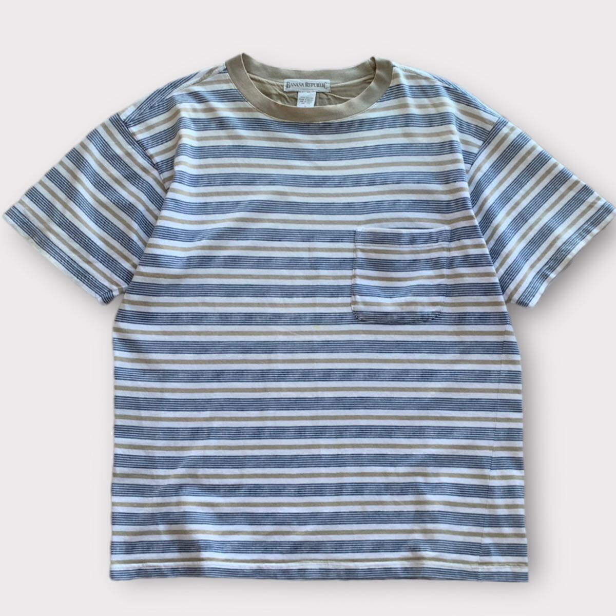 80's 90's BANANA REPUBLIC マルチボーダー ポケットTシャツ 白×青×金 ビンテージ オールド バナリパ ポケT_画像1