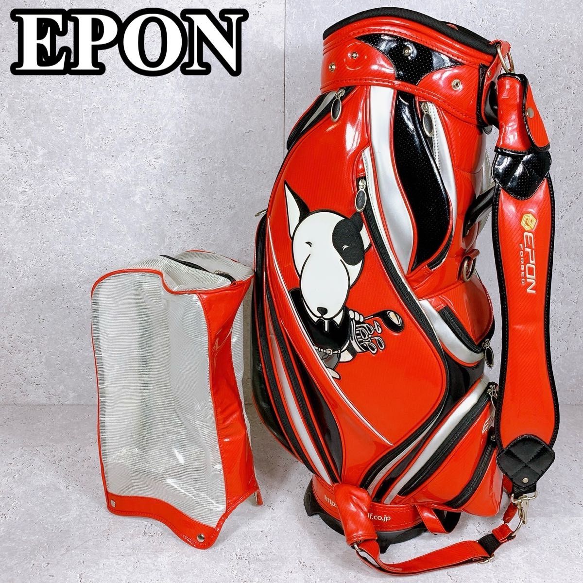 良品 EPON キャディバッグ 9.5型 ゴルフ カート 3点式 エナメル エポン メンズ 5分割 ゴルフバッグ レッド 赤