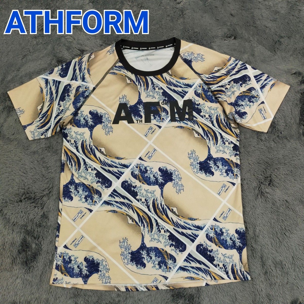 ATHFORM トレーニングシャツ ランニングシャツ 半袖 メンズ Lサイズ 総柄 和柄 ドライ ストレッチ 