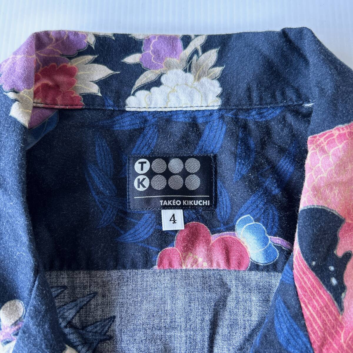 1 jpy start secondhand goods aloha shirt shirt Takeo Kikuchi size 4 TAKEO KIKUCHI SIZE 4 crane flower navy blue blue blue navy 