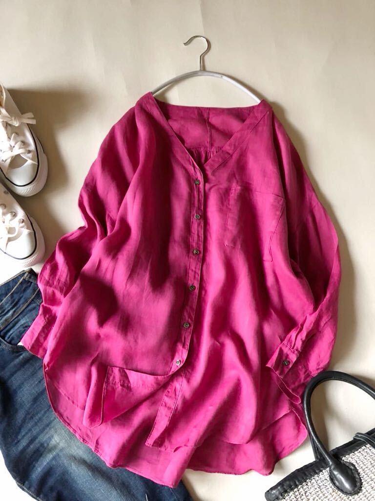ノーリーズ NOLLEY'S 上質ラミーリネン100%大人可愛いきれい色ゆったりオーバーサイズワークシャツ♪♪_画像2
