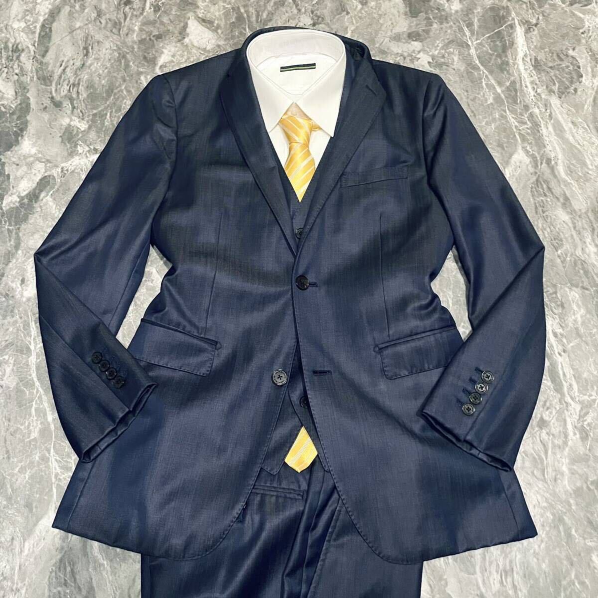  Burberry Black Label [ highest peak car i knee ]BURBERRY BLACK LABEL suit 3 piece three-piece M size lustre feeling hose Logo blue 