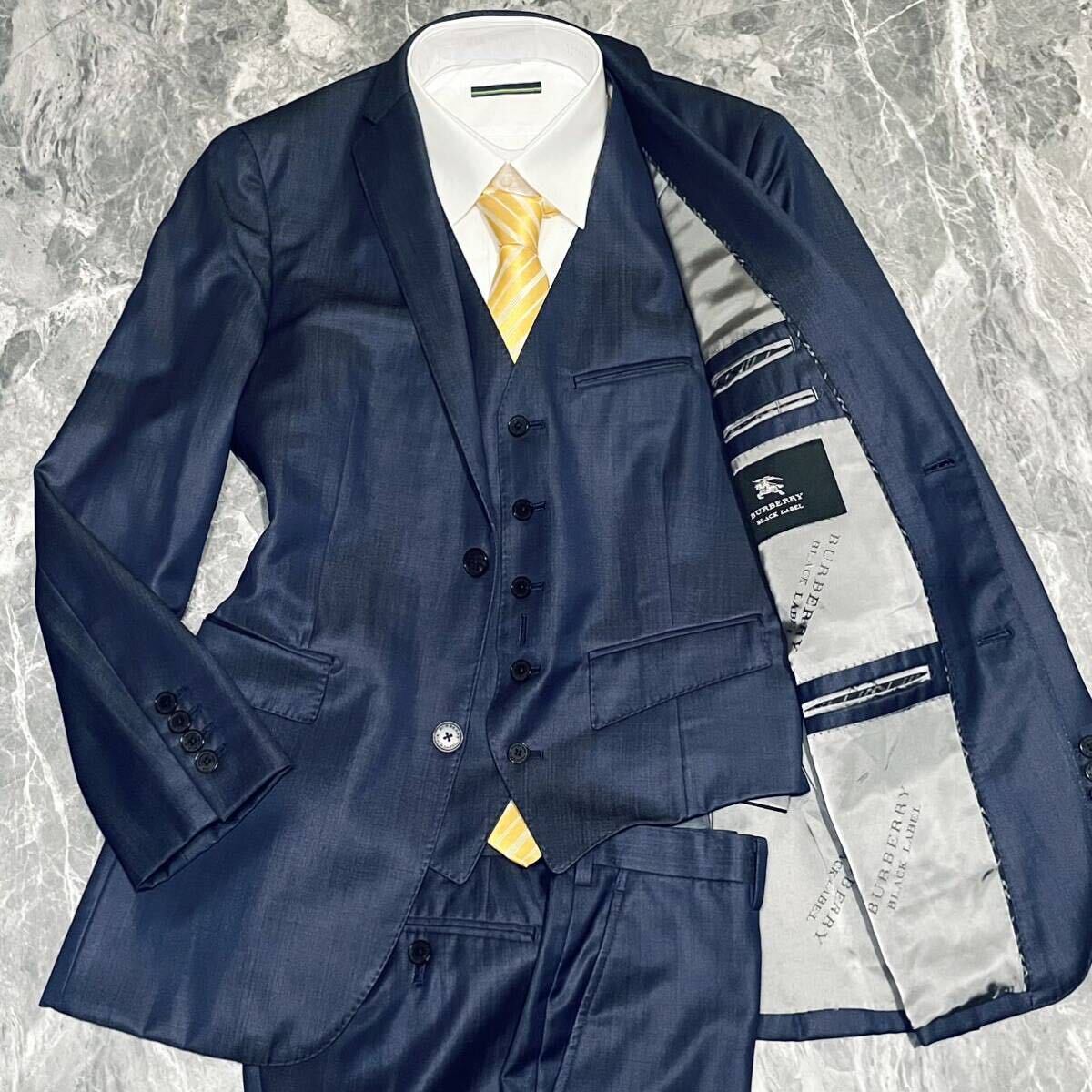  Burberry Black Label [ highest peak car i knee ]BURBERRY BLACK LABEL suit 3 piece three-piece M size lustre feeling hose Logo blue 