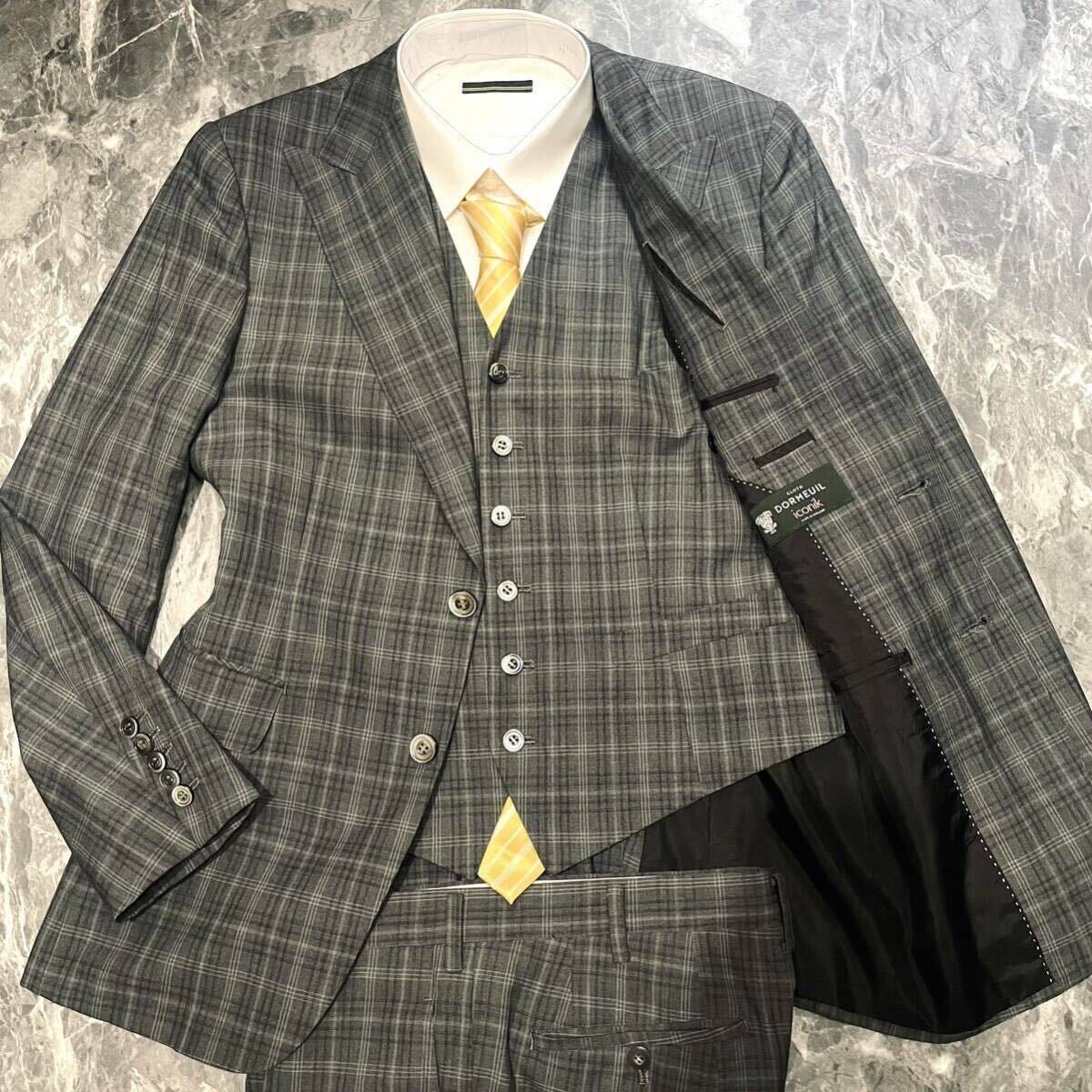 ドーメル【S級美品 英製最高峰生地】DORMEUIL iconik スーツ 3ピース スリーピース Lサイズ チェック オーダーメイド シェルボタン グレー_画像1